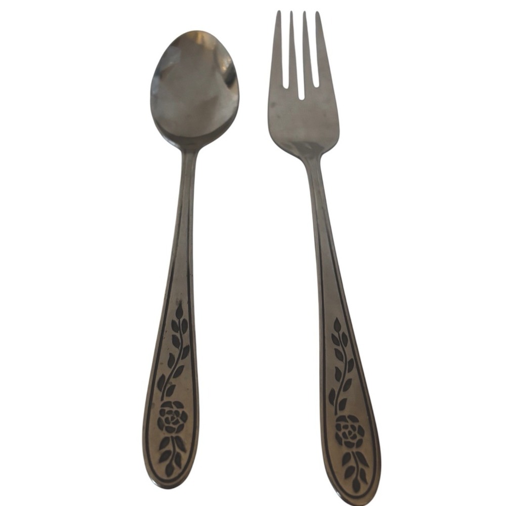 Rogers Floral Mist Stainless Korea Flatware Spoon and Salad Fork Vintage‎